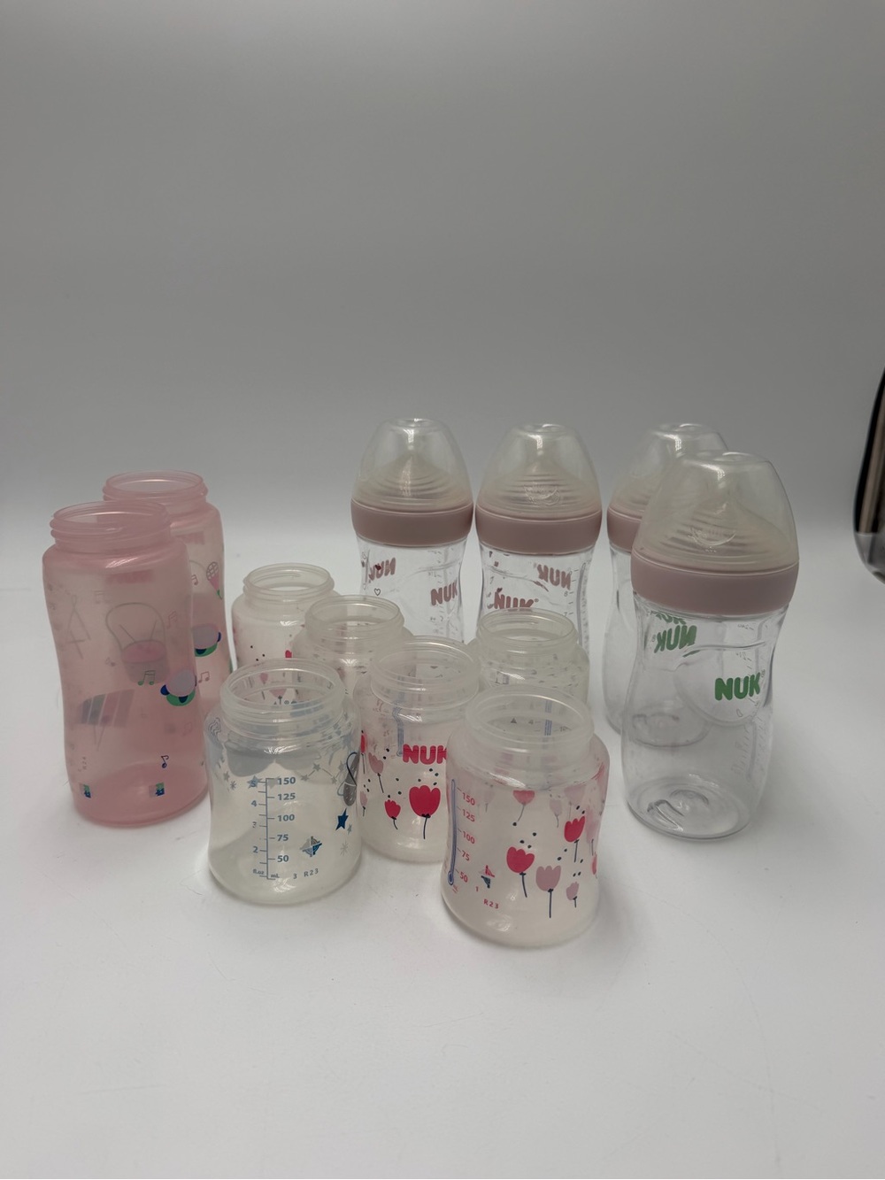 NUK Baby Bottles Mixed Lot 12 Bottles Pink Clear Anti Colic Wide Neck BPA Free